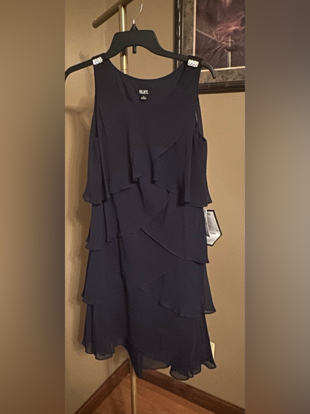SLNY Navy Tiered Ruffle Sleeveless Midi Dress with Embellished Straps